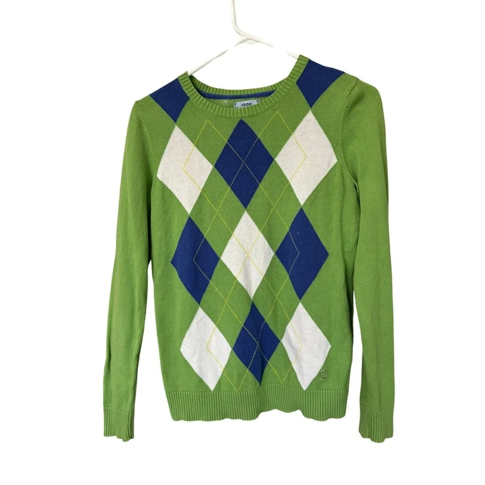 IZOD Mens Argyle Crew Neck Sweater Green Blue White Medium Long Spring  Preppy‎